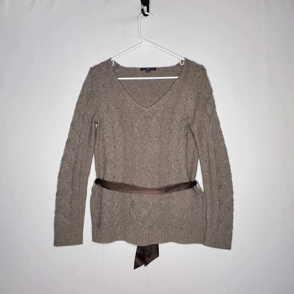 Vintage 00s Gap Cable Knit Sweater Women Med Brown Belt Preppy Forest 2009